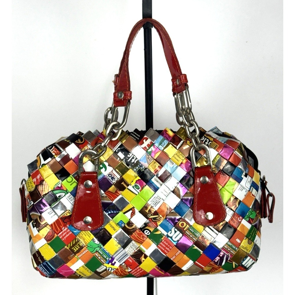 Nahui Ollin Recycled Candy Wrapper Purse with Red Straps New NWT